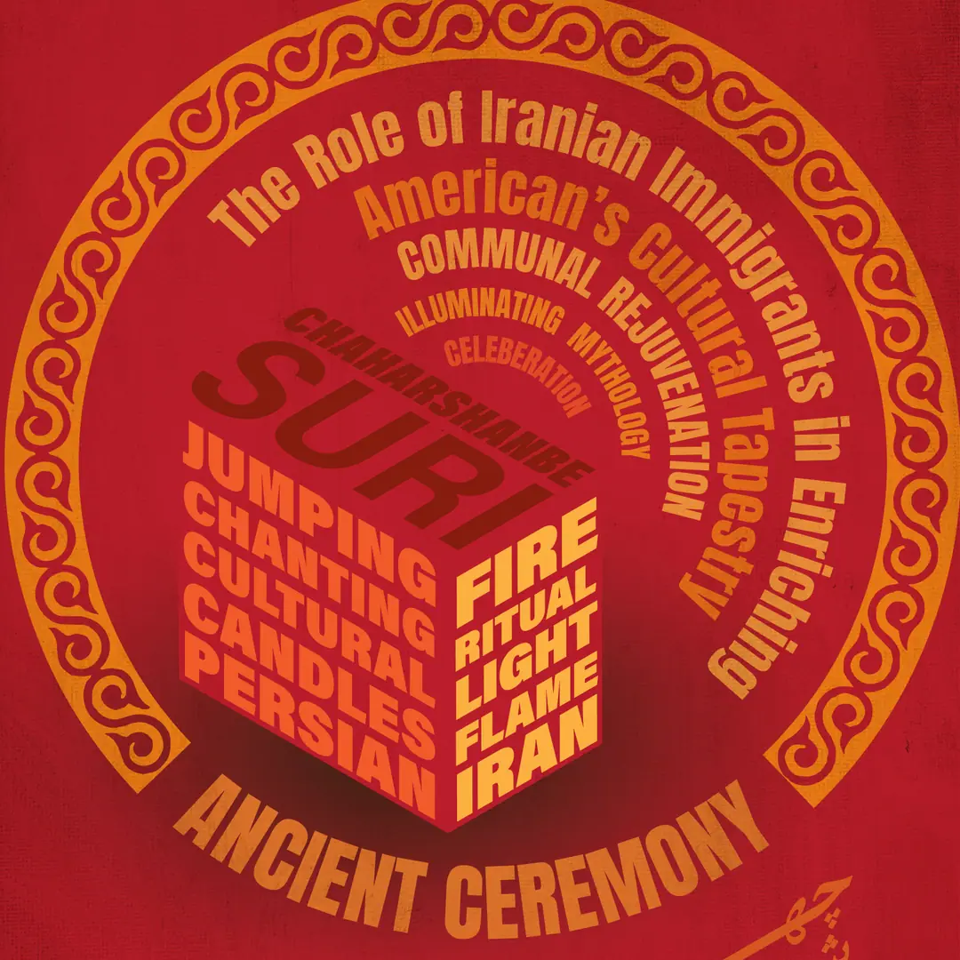 Red poster: an isometric cube of words — jumping, chanting, fire, ritual, light — for Chaharshanbe Suri