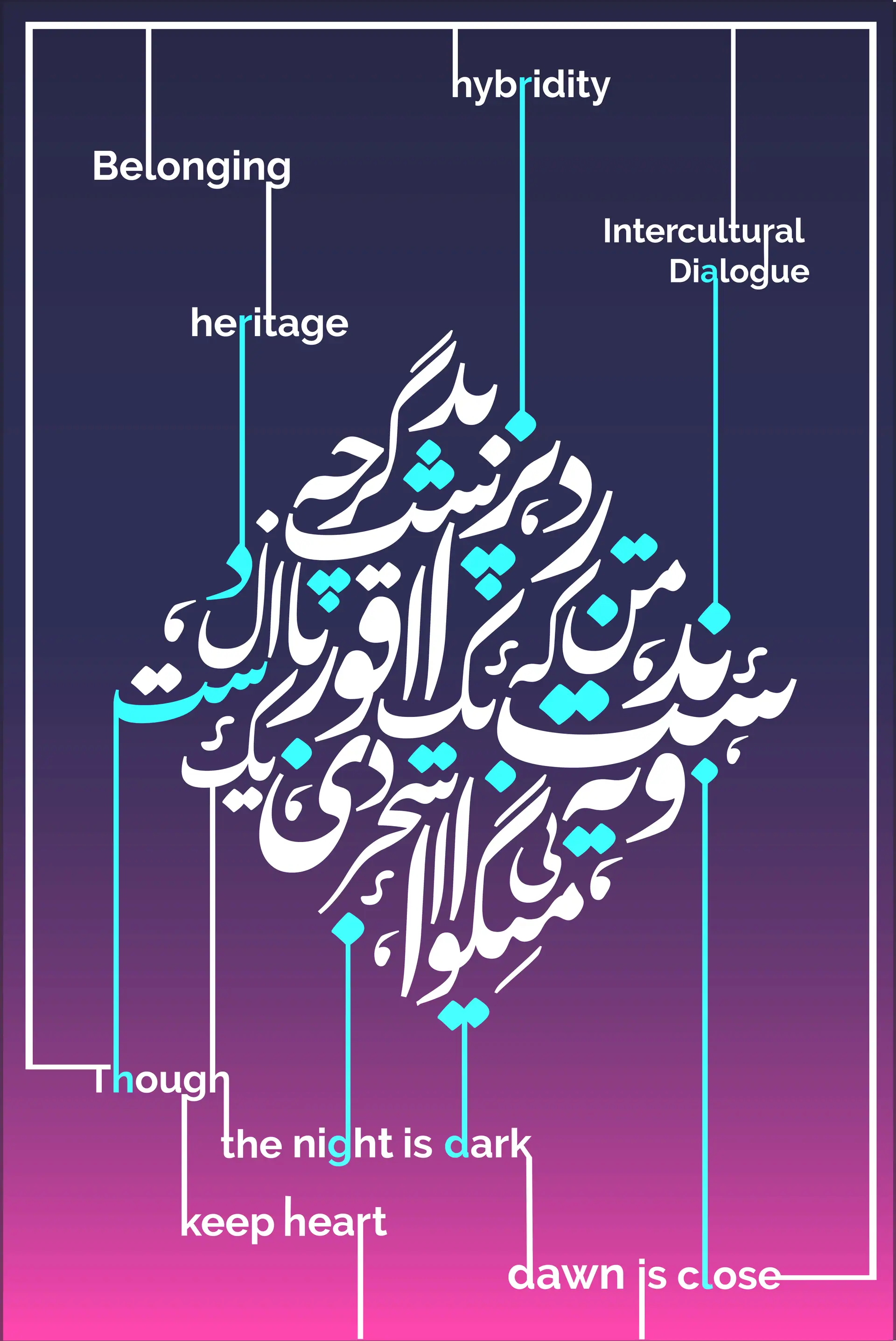 Navy-to-pink poster: Persian calligraphy annotated with 'Belonging', 'heritage', 'Intercultural Dialogue' and 'Though the night is dark, keep heart, dawn is close'