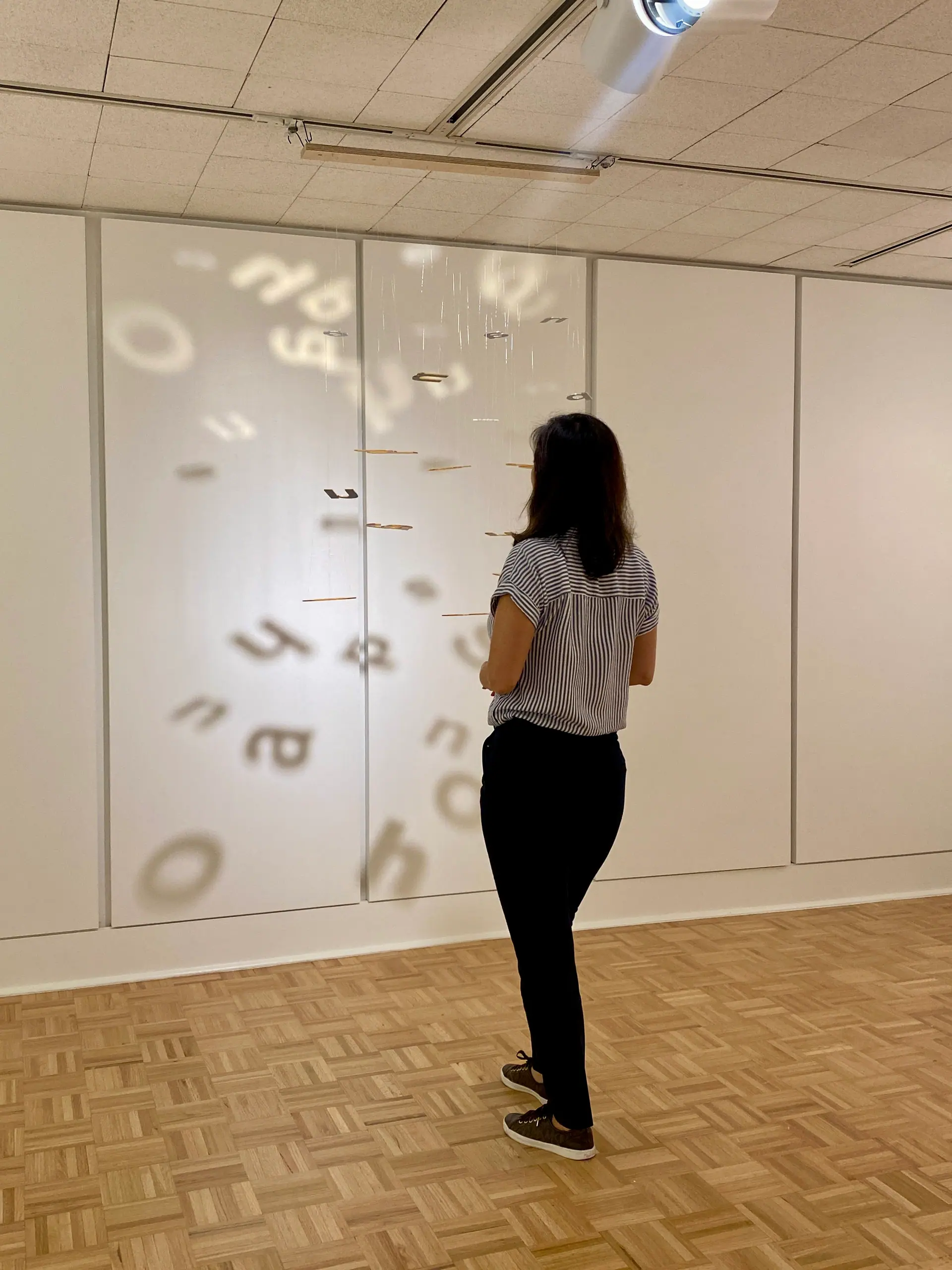 A visitor stands before the wall of suspended letters and their shadows