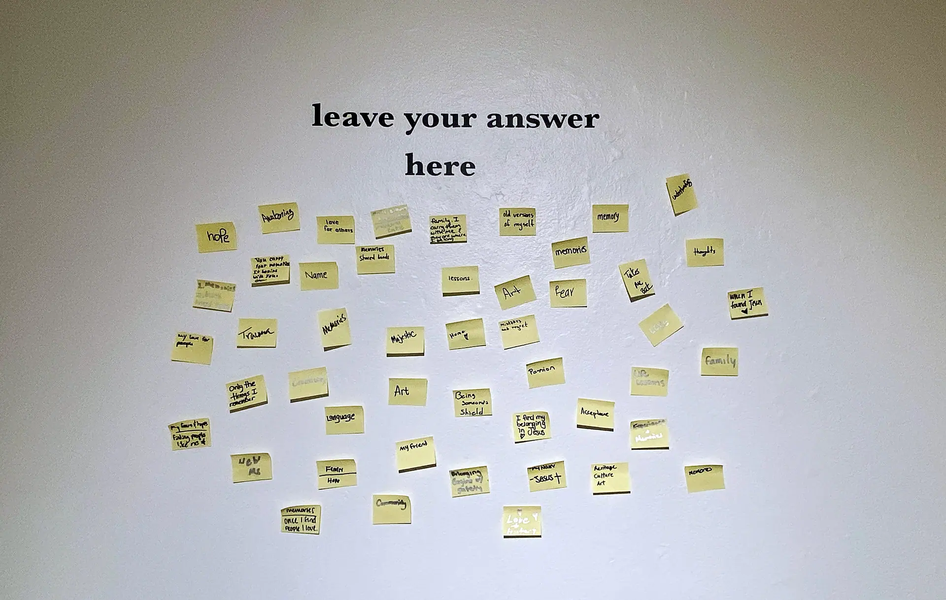 Visitors' handwritten sticky notes under the prompt 'leave your answer here'