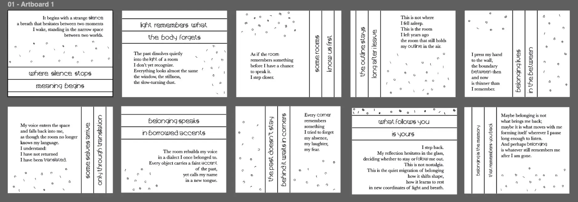 Ten poem panels laid out as an artboard, beginning 'It begins with a strange silence' and 'where silence stops / meaning begins'