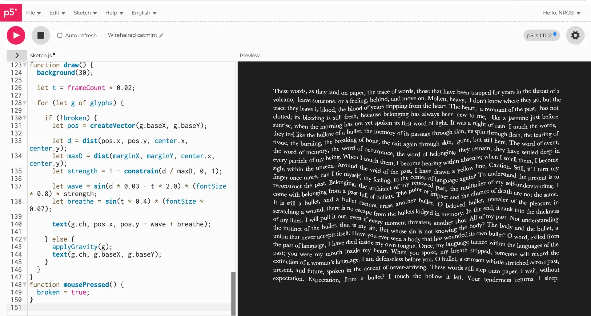 The p5.js editor: code on the left, a breathing field of the poem's text on the right