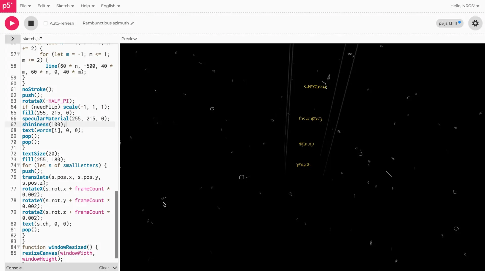 p5.js study: code beside a 3D preview of words floating in a dark space
